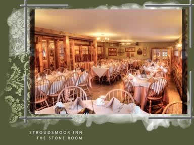 Holidays & Catering 8 Dining hall with rows of tables surrounded in green frame with white accents reads Stroudsmoor Inn The Stone Room