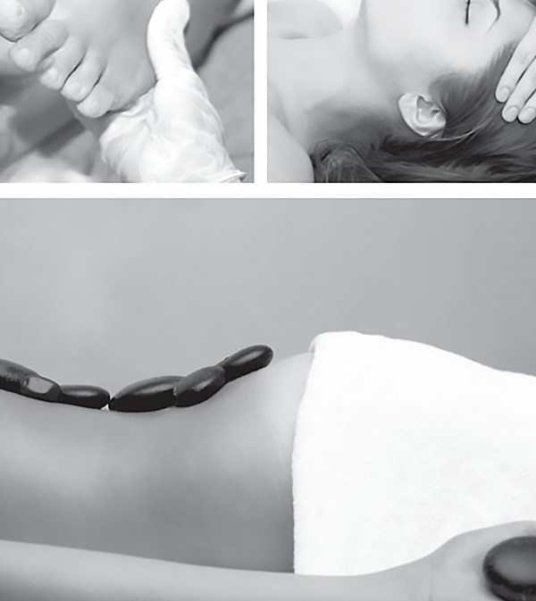 Services 2 Collage of photos in black and white showing spa treatments including stone treatment and pedicure