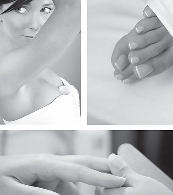 Collage of photos in black and white showing spa treatments including pedicure and manicure