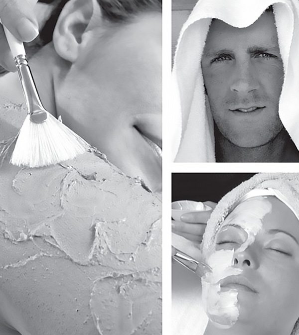 Collage of photos in black and white with men and women receiving various spa treatments