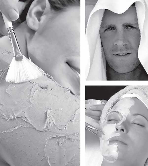 Services 4 Collage of photos in black and white with men and women receiving various spa treatments