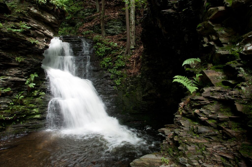 Waterfall flows over natural rock formations at Bushkill
