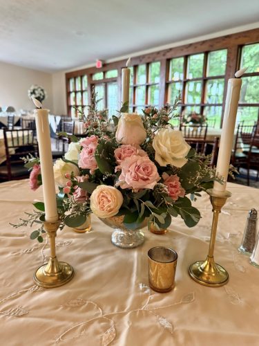 Pink and white centerpiece with gold mercury votives and taper trio (1)